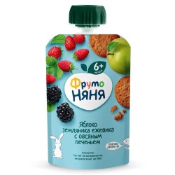 Пюре Фрутоняня яблоко земляника ежевика овсяное печенье с 6 мес 90 г